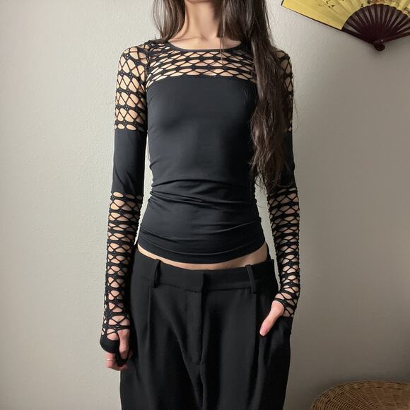 y2k venus black fitted fishnet minimalist long sleeve festival rave goth top - Picture 3 of 6